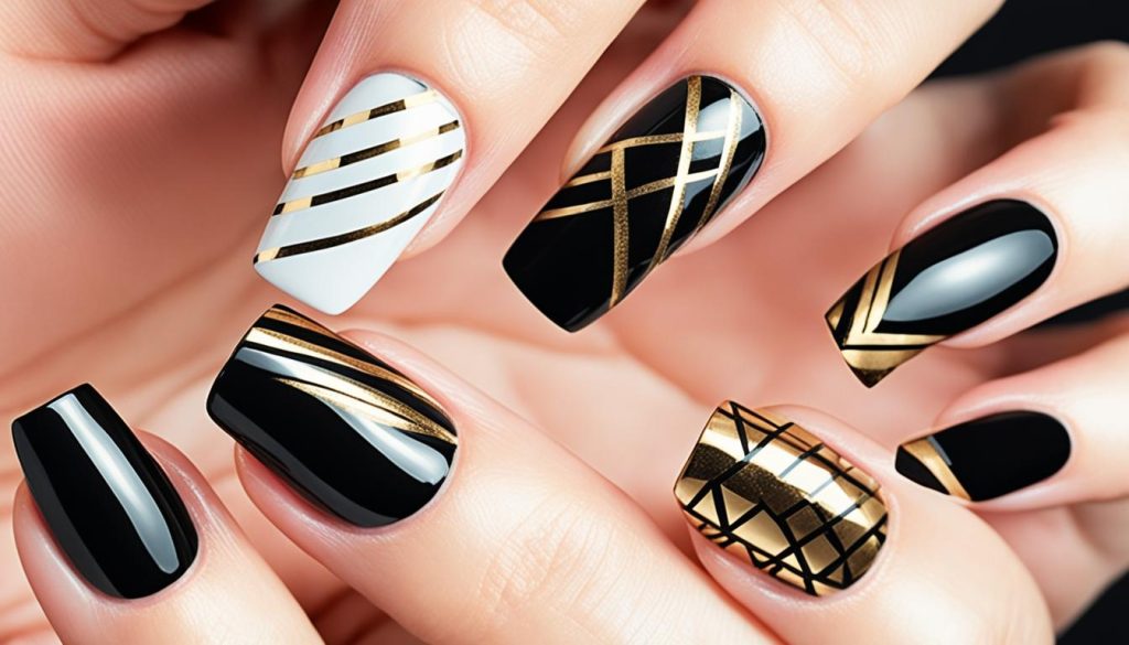 Stylish Short Black and Gold Nails